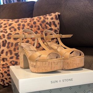 Sun + Stone Beige Cork Platform Sandals